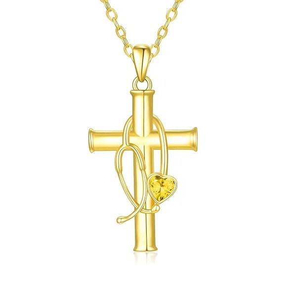 Stethoscope Cross 14K Gold Plated Pendant Necklace for Women Nurse Doctor Birthday Graduation Gift for Medical Student
