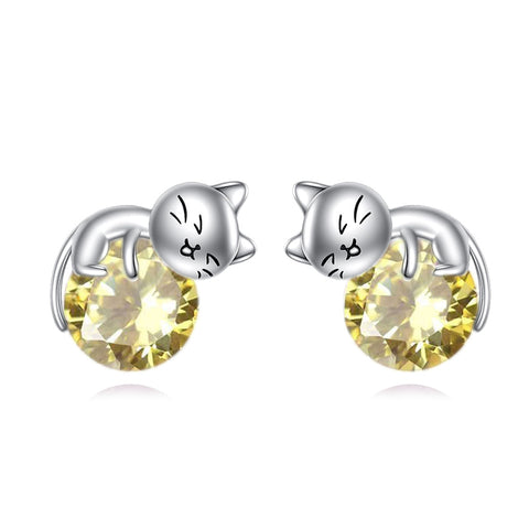 Sterling Silver Birthstone Cat Stud Earrings