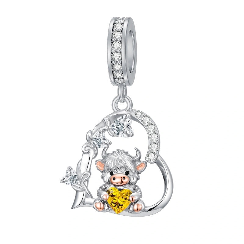 Sterling Silver 12 Month Birthstone Highland Cow Charm Beads