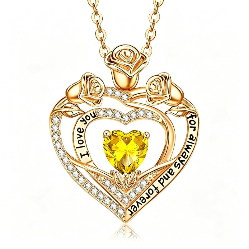 14K Gold Plated Rose Heart Birthstone Necklace for Women Engraved with I Love You for Always and Forever