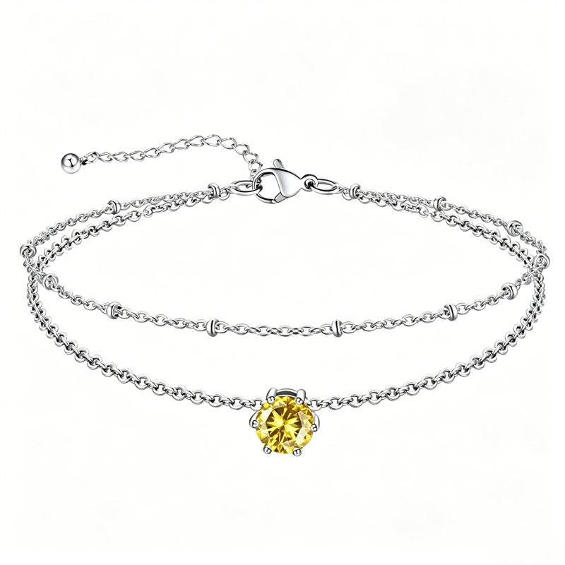 Sterling Silver  Round Birthstone Double Layer Charm Anklet