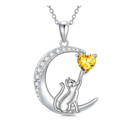 Sterling Silver Heart Birthstone Cat Pendant Necklace