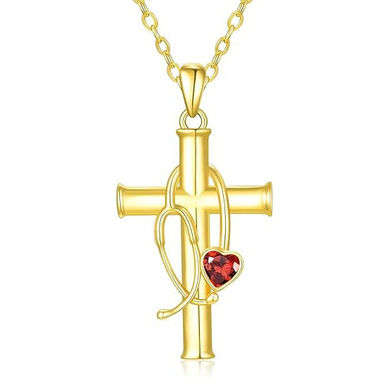Stethoscope Cross 14K Gold Plated Pendant Necklace for Women Nurse Doctor Birthday Graduation Gift for Medical Student
