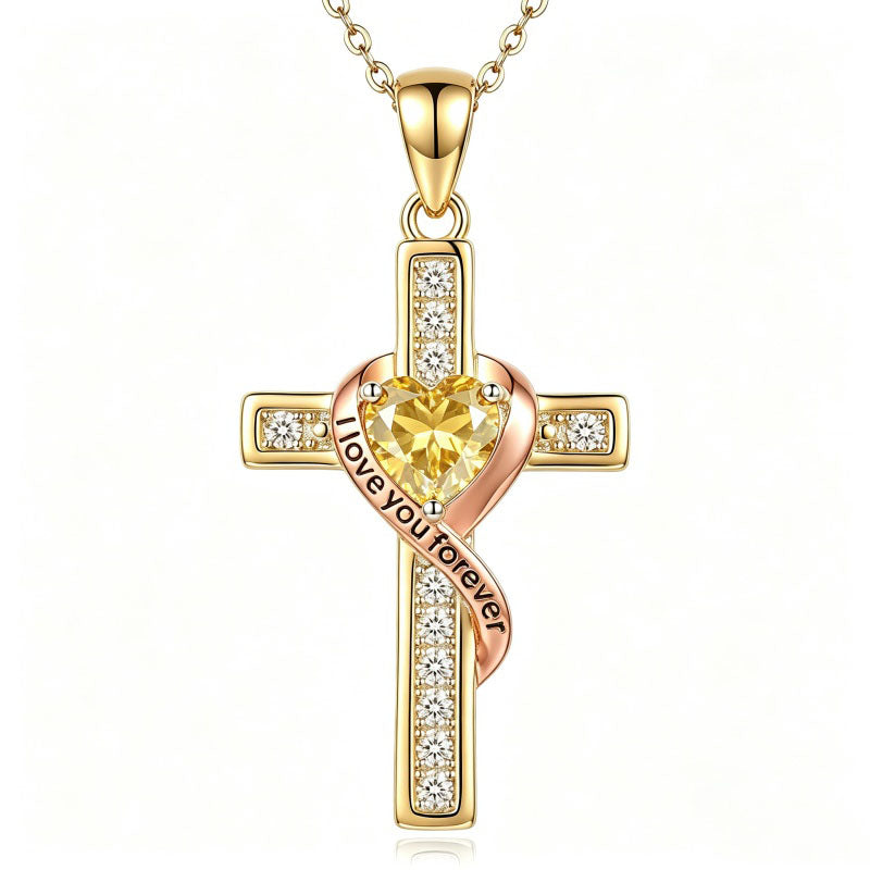 14K Gold Plated  Birthstone Cross Necklace Engraved I Love You Forever