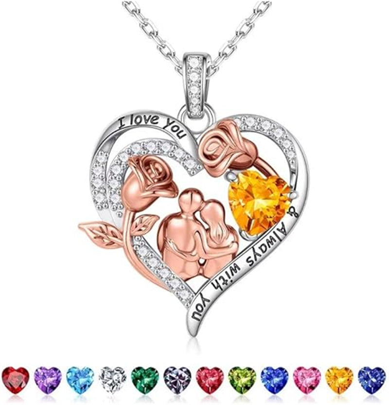 Sterling Silver Heart Birthstone Couple Hugging Necklace for Women Valentine's Day Gift