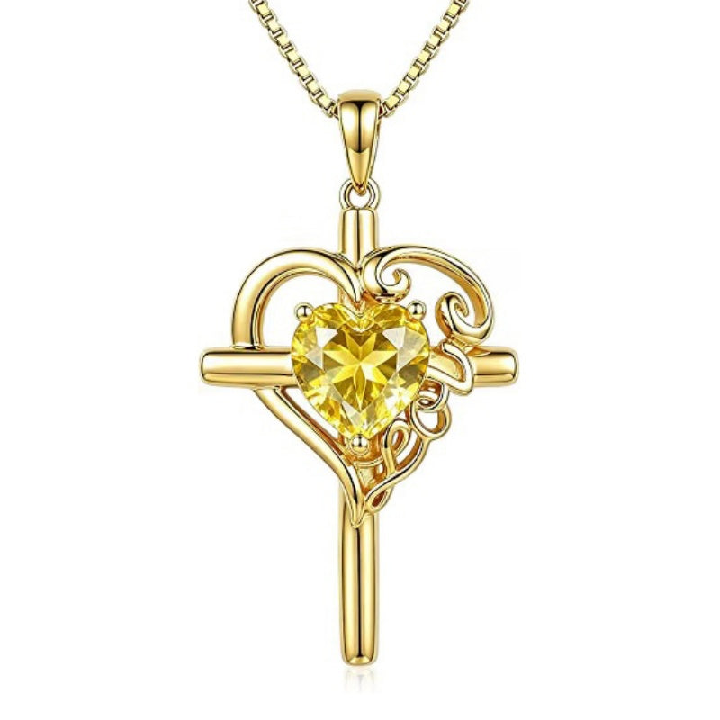 14K Gold  Plated Heart Shape Birthstone  Love Cross Necklace for Women Religious Jewelry