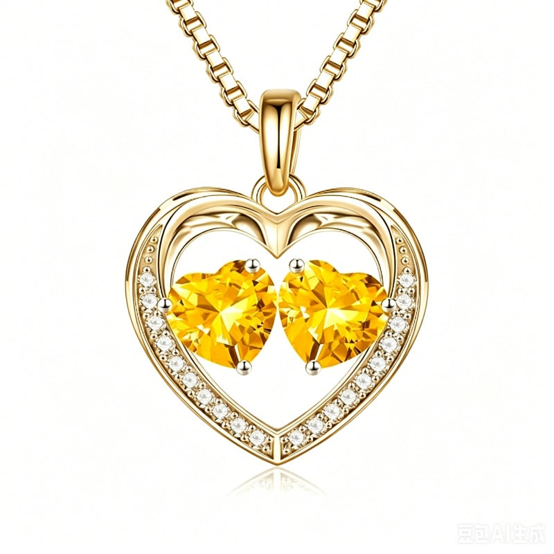 14K Gold Plated Double Heart Birthstone Necklace Anniversary Birthday Gifts for Women