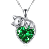 Sterling Silver Heart Birthstone Cat Pendant Necklace