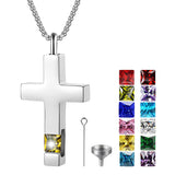 Stainless Steel Birthstones Cross Urn Necklaces for Ashes