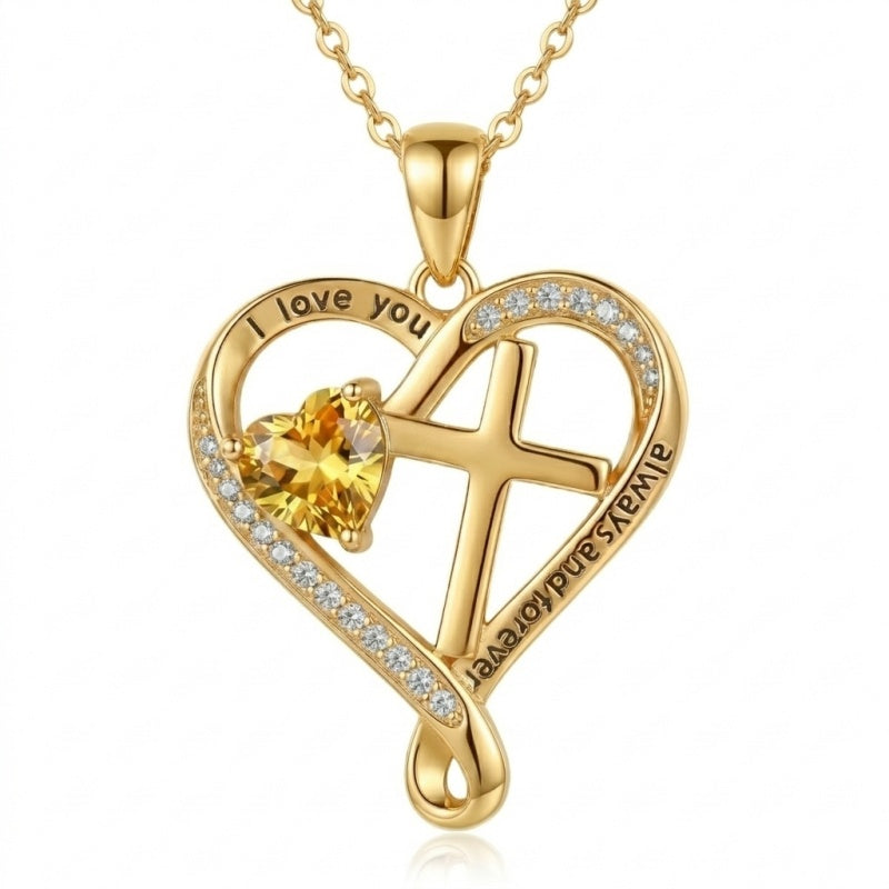 14K Gold Plated Heart  Birthstone Cross Necklace Engraved with I Love You Always and Forever
