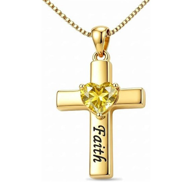 14K Gold Plated Heart Birthstone Cross Necklace for Women Engraved with Faith