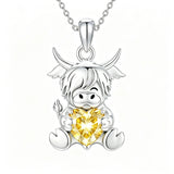Sterling Silver Birthstone Highland Cow Pendant Necklace Birthday Christmas Gift
