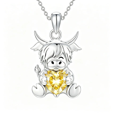 Sterling Silver Birthstone Highland Cow Pendant Necklace Birthday Christmas Gift