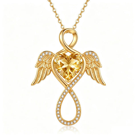 14K Gold Plated 12-Month Birthstone Infinity Angel Wings Pendant Necklace for Women