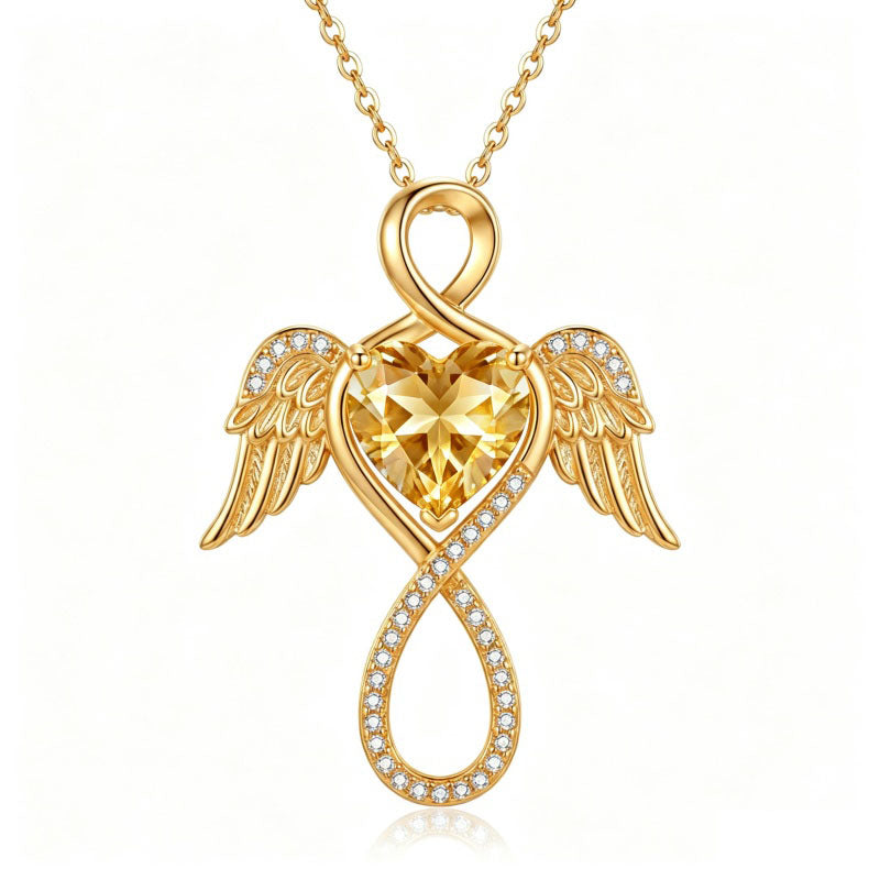 14K Gold Plated 12-Month Birthstone Infinity Angel Wings Pendant Necklace for Women