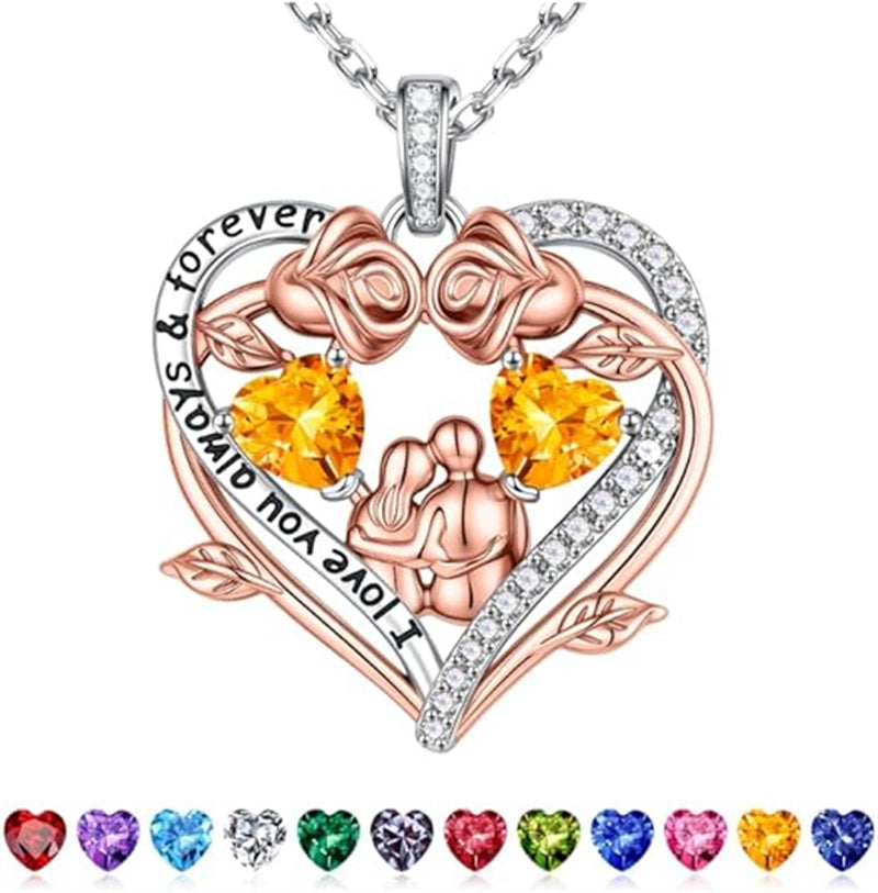 Sterling Silver Heart Birthstone Couple Hugging Necklace for Women Valentine's Day Gift