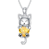 Sterling Silver Heart Birthstone Cat Pendant Necklace