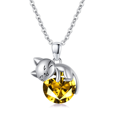 Sterling Silver Birthstone Cat Pendant Necklace