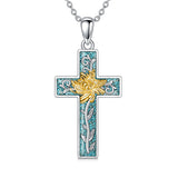 Sterling Silver Turquoise Personalized Engraved 12 Month Birth Flower Cross Pendant Necklace