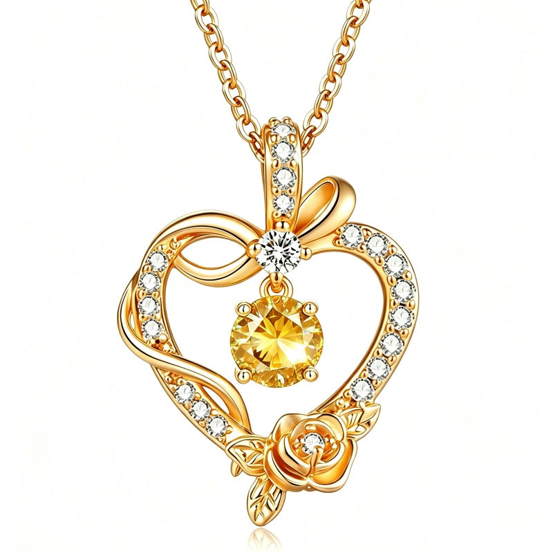 14K Gold Plated Round Birthstone Rose Flower Pendant Necklace for Women
