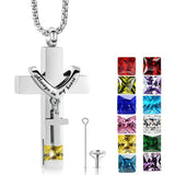 Stainless Steel Birthstones Cross Urn Necklaces for Ashes