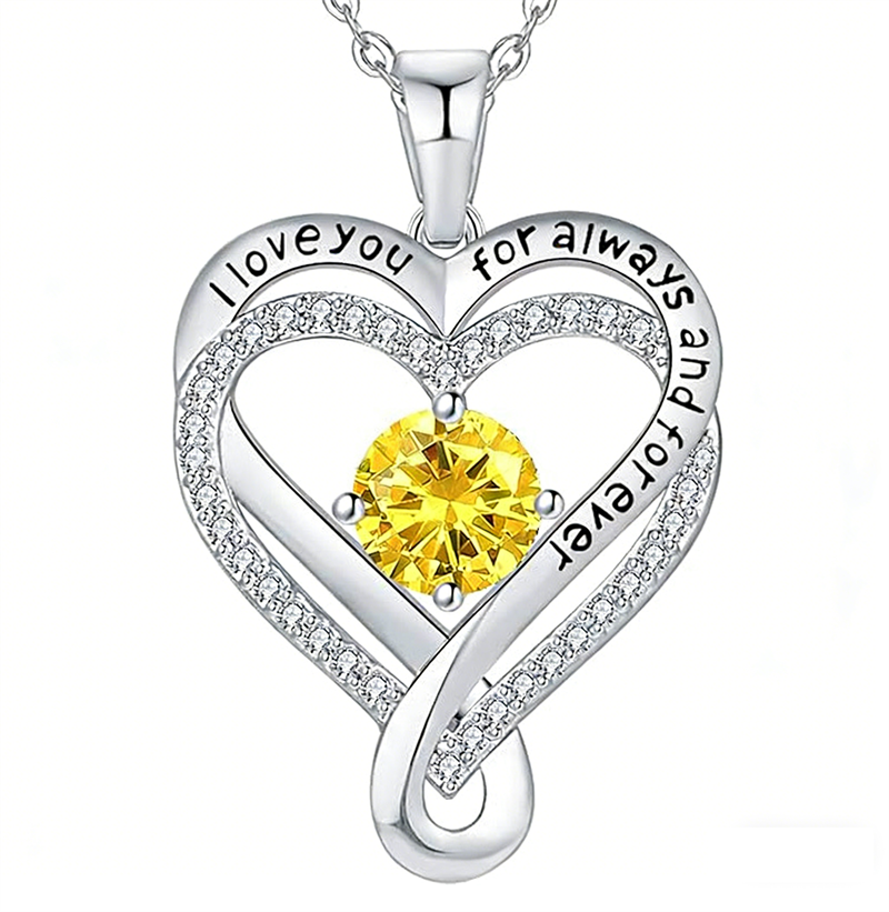 Sterling Silver 12 Month Birthstone Double Heart Pendant Necklace  Engraved with I Love You for Always and Forever