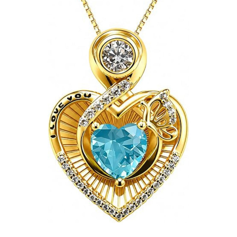 14K Gold Plated  Heart Birthstone Butterfly Necklace Engraved with  I Love You