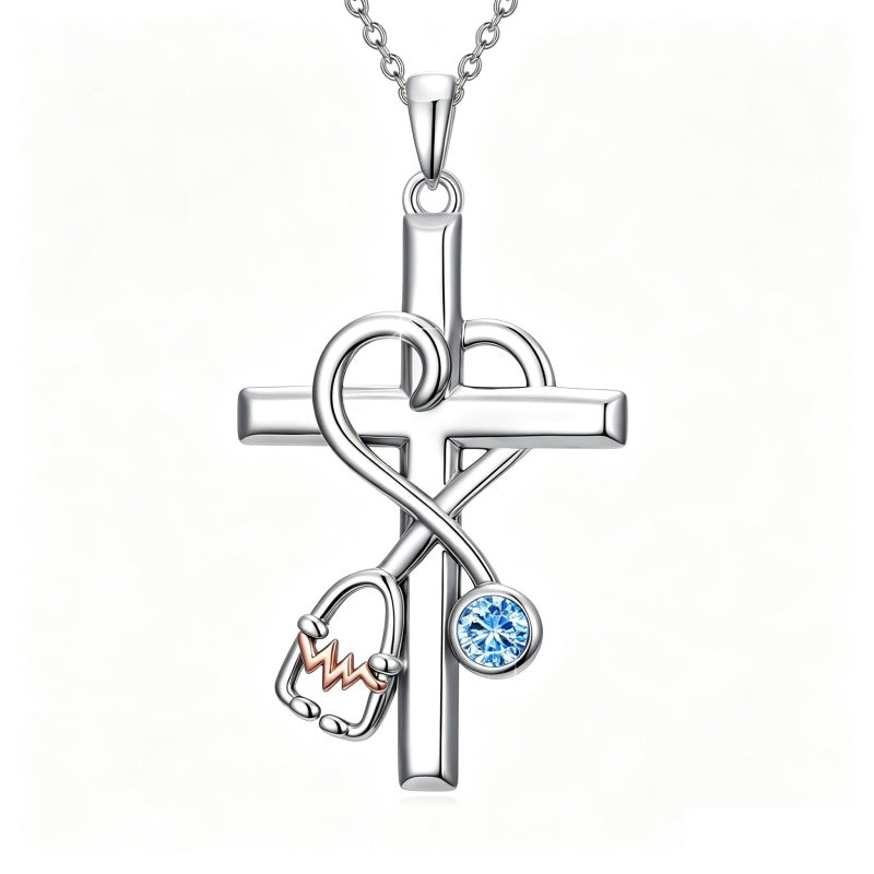 14K Gold Plated  Birthstone Stethoscope Cross Necklace Graduation Gifts for Women RN