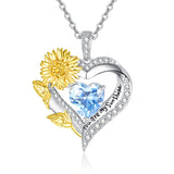 Sterling Sliver Birthstone Love Heart & Sunflower Pendant Necklace Engraved With You Are My Sunshine