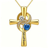14K Gold Plated Dainty Heart Birthstone Pendant Cross Necklace for Women Religious Gift