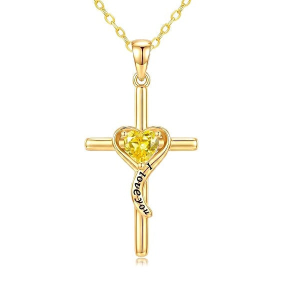 14K Gold Plated Dainty Heart Birthstone Pendant Cross Necklace for Women Religious Gift