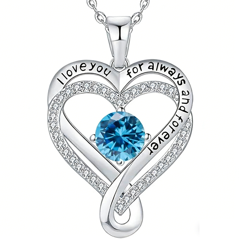 Sterling Silver 12 Month Birthstone Double Heart Pendant Necklace  Engraved with I Love You for Always and Forever