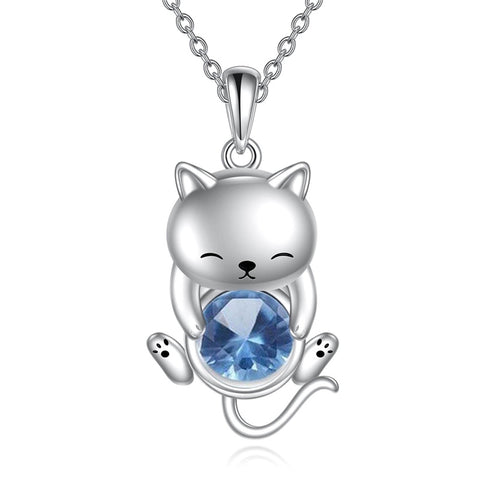 Silver Cat 12 Month Birthstone Pendant Necklace