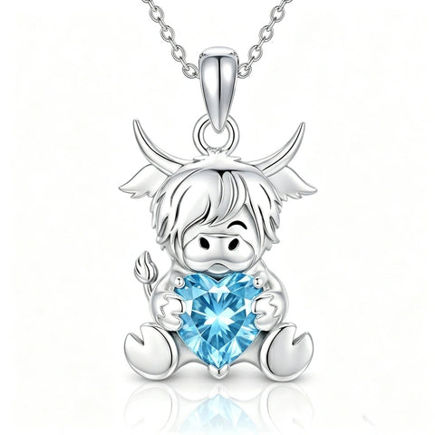 Sterling Silver Birthstone Highland Cow Pendant Necklace Birthday Christmas Gift