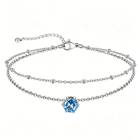 Sterling Silver  Round Birthstone Double Layer Charm Anklet