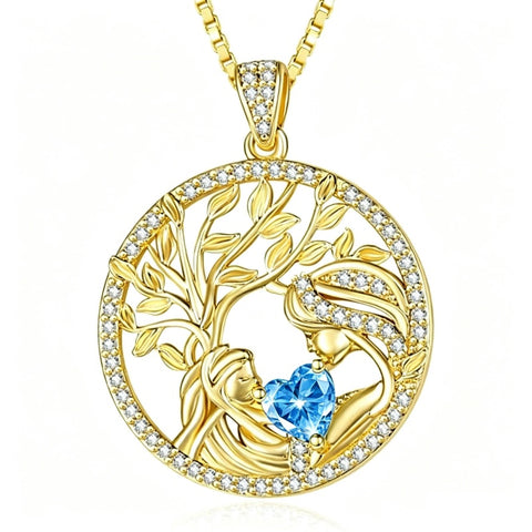 14K Gold Plated Birthstone Tree of Life Mother Child Necklace for Women