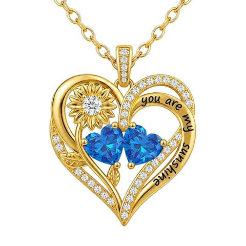 Double Birthstone Necklace 14K Gold Plated You Are My Sunshine Sunflower Necklace Heart Pendant Necklace
