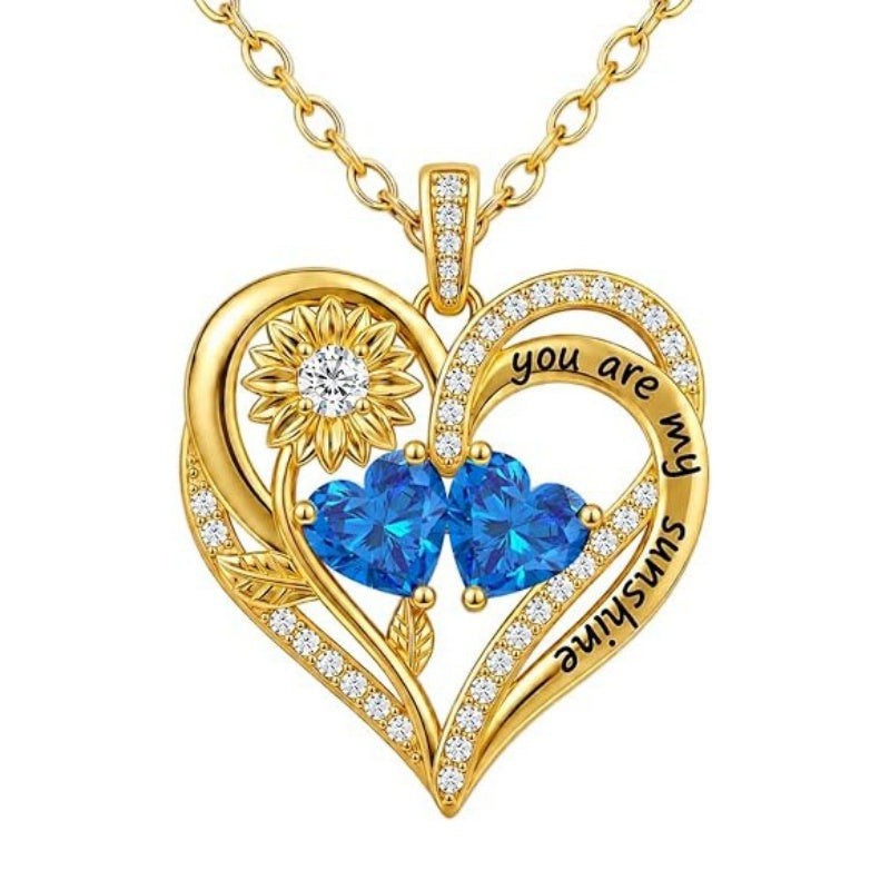 Double Birthstone Necklace 14K Gold Plated You Are My Sunshine Sunflower Necklace Heart Pendant Necklace