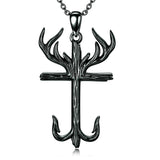 Sterling Silver Cross&Deer Antler Fish Hook Pendant Necklace for Men