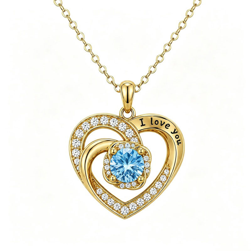 14K Gold Plated  Birthstone Heart Pendant  Necklace for Women Engraved with  I Love You
