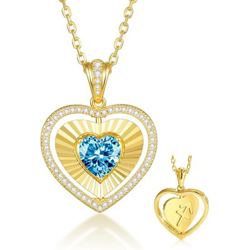 14K Gold  Plated Reversible Heart Birthstone Necklace with Zodiac Engraved Back Gifts for Women