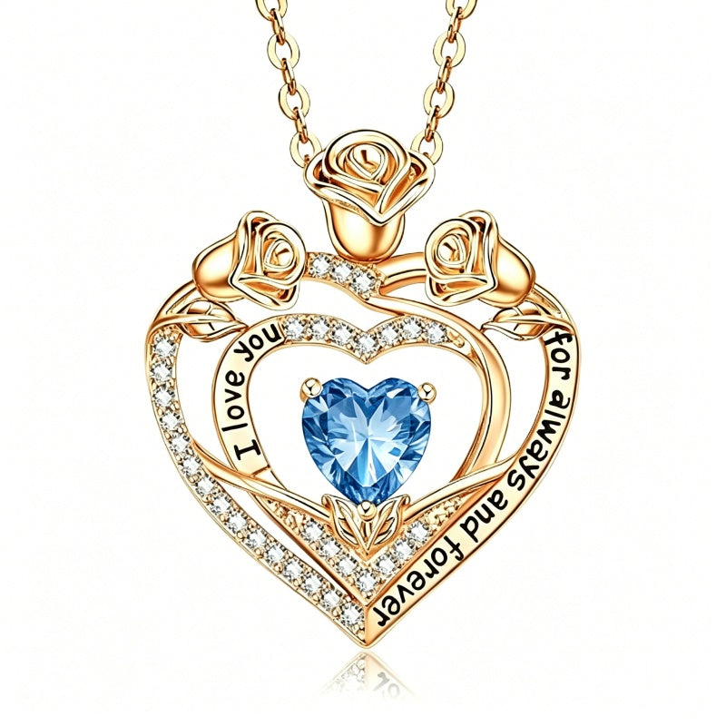 14K Gold Plated Rose Heart Birthstone Necklace for Women Engraved with I Love You for Always and Forever