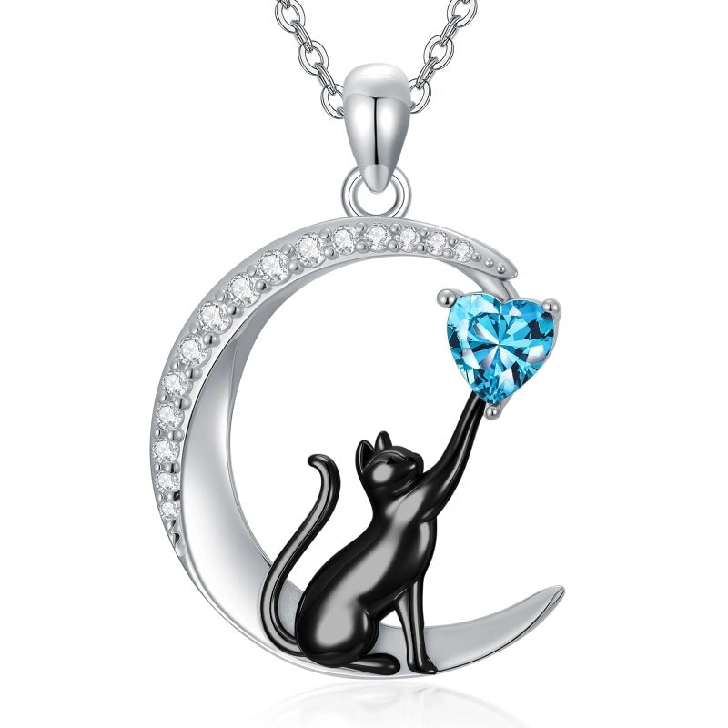 Sterling Silver Heart Birthstone Cat Pendant Necklace