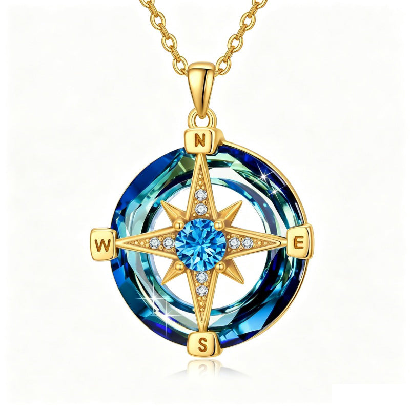 14K Gold Plated Crystal Compass Pendant Necklace Graduation Jewelry Inspirational Travel Valentine's Day Gift
