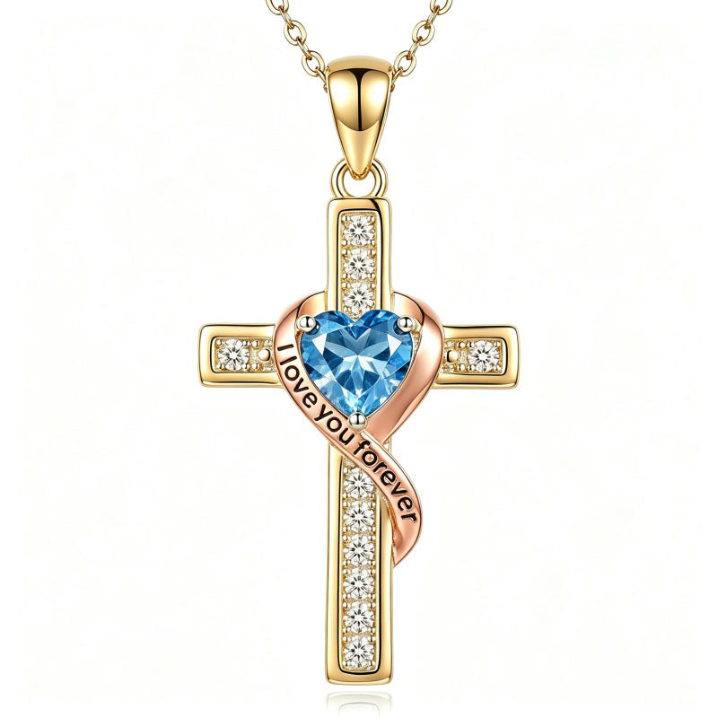 14K Gold Plated  Birthstone Cross Necklace Engraved I Love You Forever