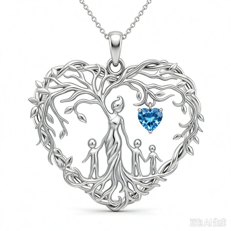Sterling Silver Heart Pendant Birthstone Tree of Life Mother Child Family Necklace