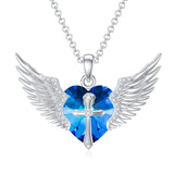 Sterling Silver Birthstone Angel Wings&Cross Pendant Necklace