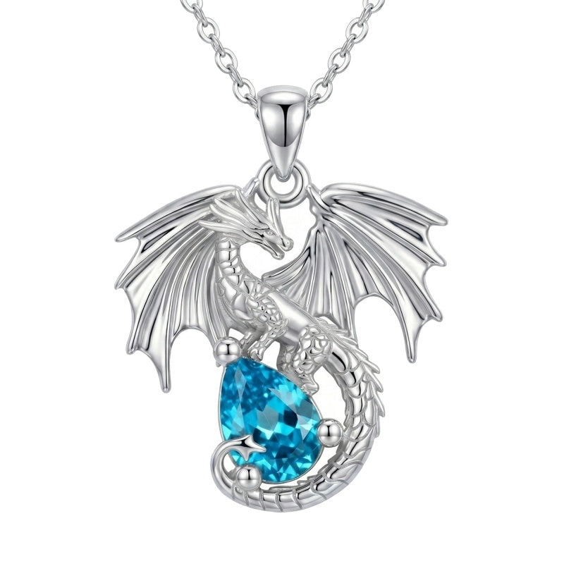 Sterling Silver Dragon Birthstone Necklace Jewelry Gifts for Dragon Lovers, Birthday Anniversary