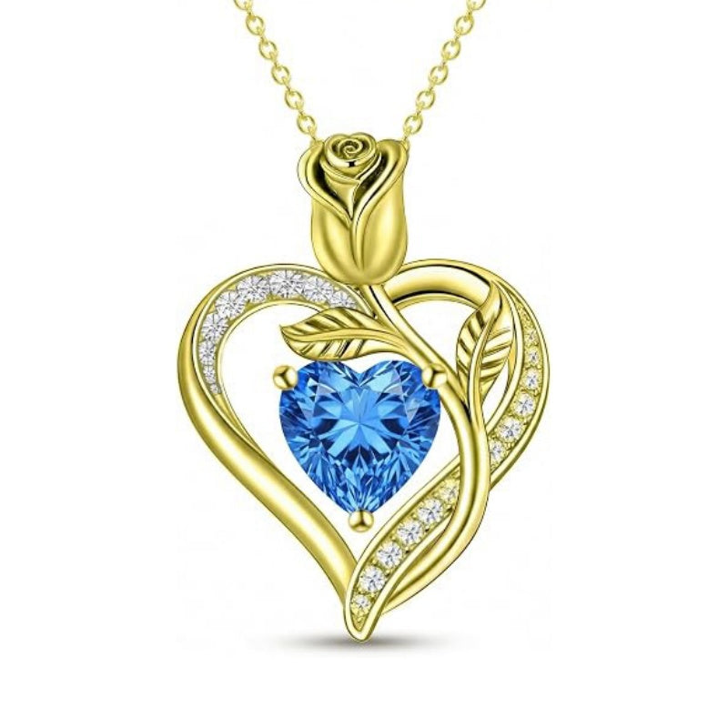 14K Gold Plated 12 Months Birthstone Rose Flower Pendant Necklace Anniversary Birthday Gift