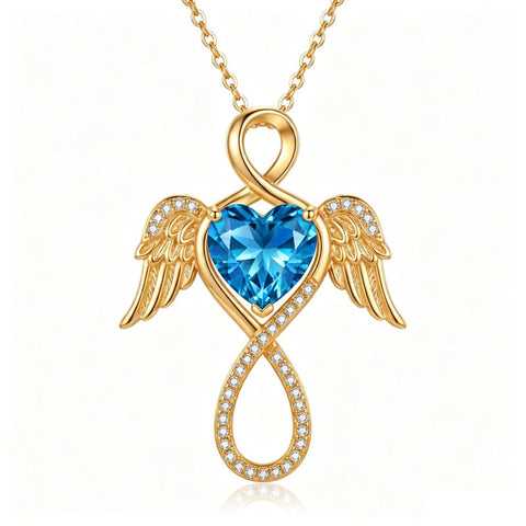 14K Gold Plated 12-Month Birthstone Infinity Angel Wings Pendant Necklace for Women